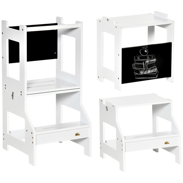 HOMCOM 2 in 1 Kids Kitchen Step Stool with Safety Rail Toddler Steps with Chalkboard for Kitchen Bathroom, White