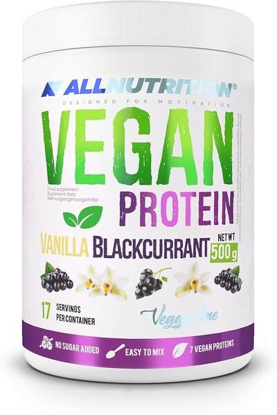 Allnutrition Vegan Protein Odżywka Białkowa z Wanilią i Czarną Porzeczką bez Dodatku Cukru 500g