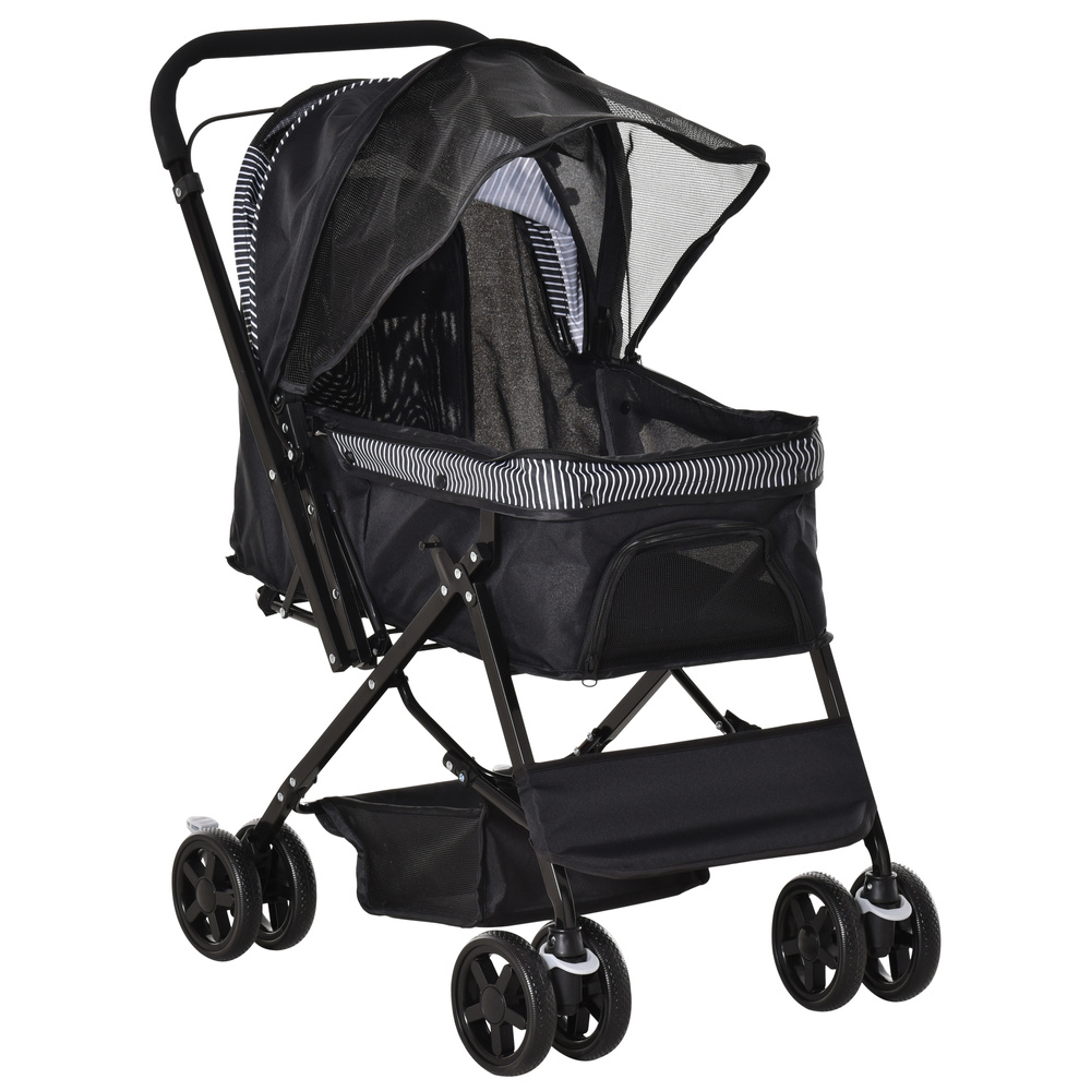 PawHut Pet Stroller Pushchair Foldable Travel Dog Cat Carriage w/ Reversible Handle Brake Basket