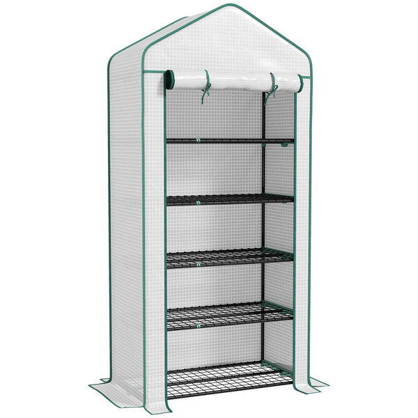 Outsunny 5 Tier Widened Mini Greenhouse with Reinforced PE Cover, Portable Indoor Outdoor Green House with Roll-up Door and Wire Shelves, 90 x 49 x 193cm, White