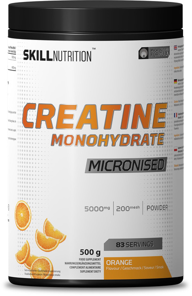 Skill Nutrition Mikronizowany Monohydrat Kreatyny o Smaku Pomarańczowym w Proszku na Wzrost Masy Mięśniowej i Wydajność 500g