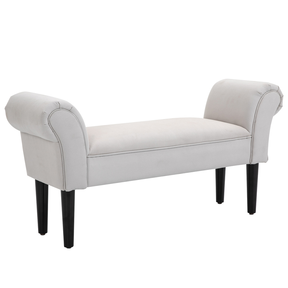 HOMCOM Small Bench, Upholstered Window Seat with Arms and Wooden Legs, Modern Shoe Bench for Entryway, Living Room, Bedroom, Greyish White