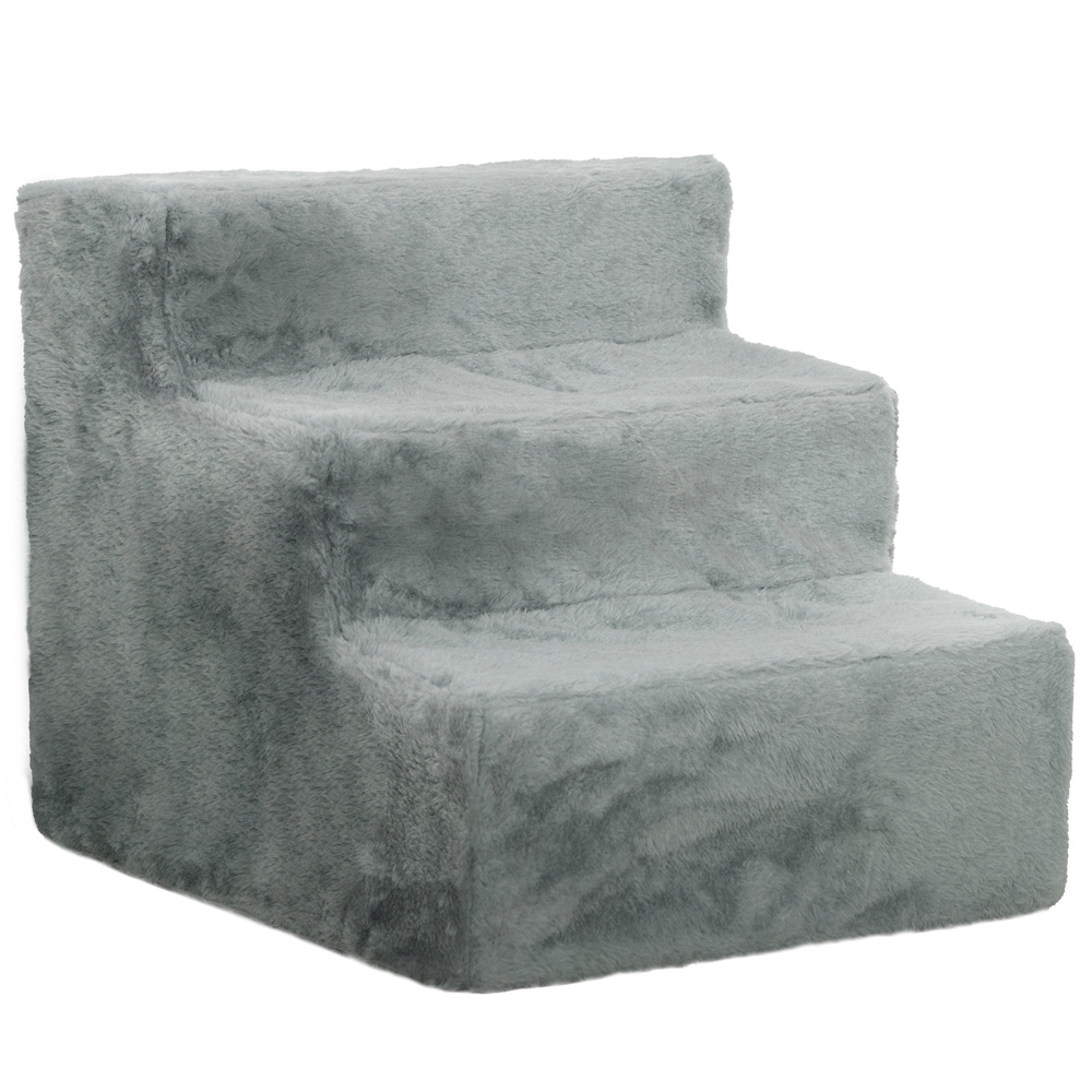PawHut Three-Step Dog Stairs, with Washable Plush Cover, for High Bed Sofa, Dog Stairs for Small Dog and Cat - Light Grey