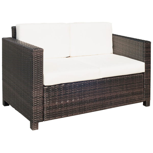 Outsunny Rattan Sofa, 2 Seater Garden Furniture with Soft Padded Cushion and Armrests, Wicker Garden Loveseat for Patio, Mixed Brown