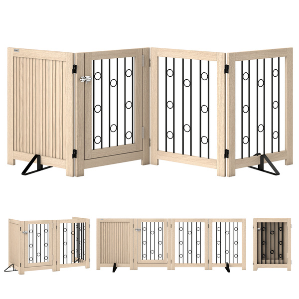 PawHut 4 Panel Freestanding Pet Gate, Indoor Dog Barrier with Lockable Door, Support Feet, 360° Flexible Hinges, Oak