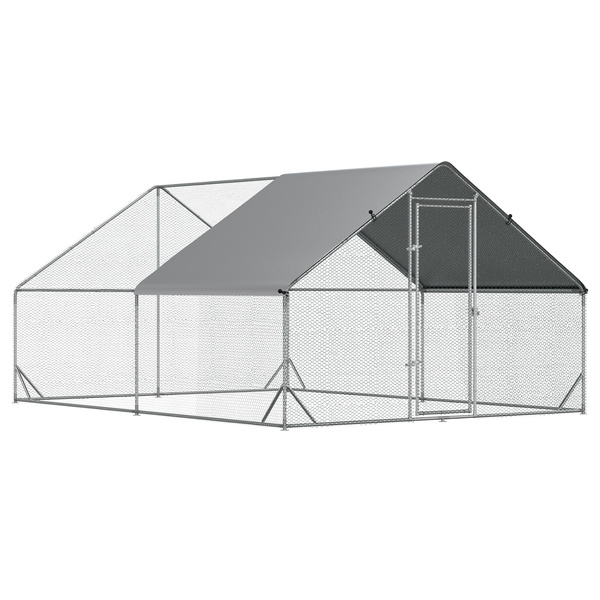 PawHut Chicken Walk-in Run, Galvanised Chicken Coop, Hen Poultry House Cage, Rabbit Hutch Pet Playpen Garden w/ Water-Resist Cover, 3 x 4 x 2m