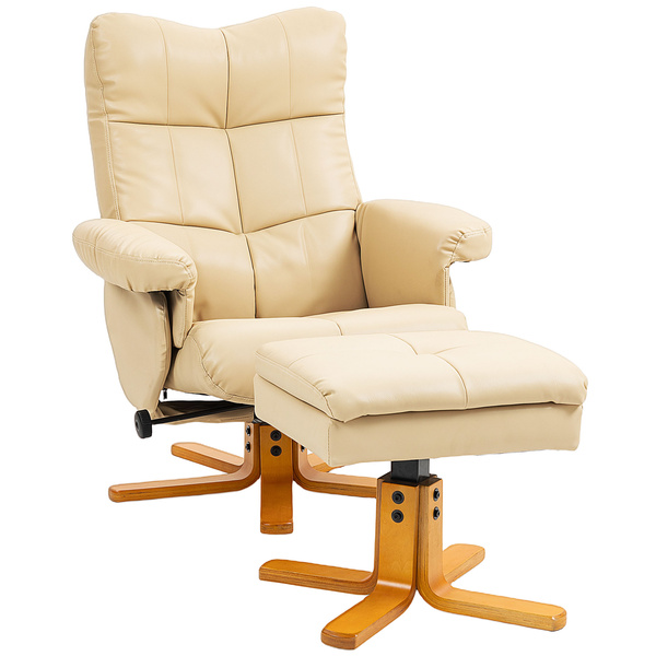 HOMCOM PU Leather Swivel Recliner Chair with Footstool, Wooden Base and Storage for Living Room, Beige
