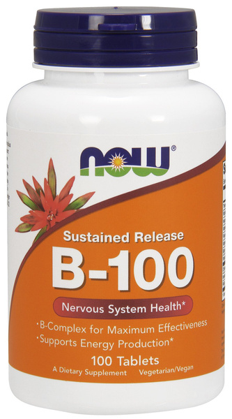NOW Foods Witamina B-100 o Przedłużonym Uwalnianiu Kompleks Witamin B na Produkcję Energii 100 Tabletek