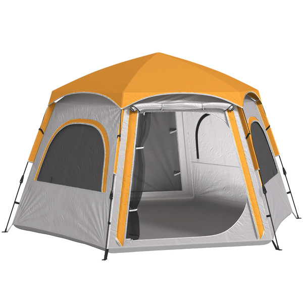 Outsunny Instant Pop Up Camping Tent, 2/3/4 Person Easy Setup Dome Family Tent with Vestibule, Rainfly, 4 Mesh Windows & 2 Doors, Hexagonal Design, Waterproof & UV Protected, Light Grey