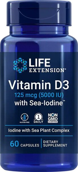 Life Extension Witamina D3 z Jodem Morskim 5000 IU Na Zdrowe Kości i Wsparcie Tarczycy 60 Kapsułek