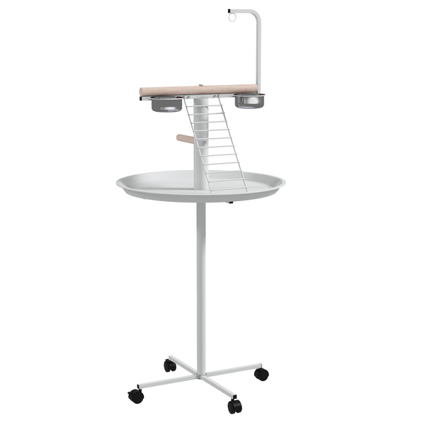 PawHut Bird Stand with Four Wheels, Perches, Stainless Steel Feed Bowls, Round Tray, for Garden, Indoor, Outdoor - White
