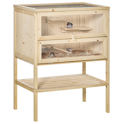 PawHut Wooden Hamster Cage with Storage Shelf, Small Animal Exercise Play House with Openable Top, Ramp for Gerbils, Drawf Hamsters, 60 x 40 x 80 cm - Natural