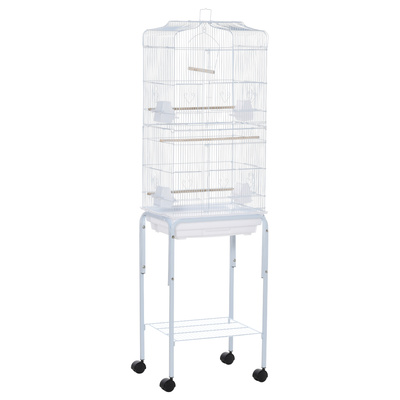 PawHut Bird Cage Budgie Cages for Finch Canary Parakeet with Stand Wheels Slide-out Tray Accessories Storage Shelf, White 46.5 x 36 x 157 cm