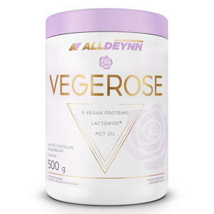 Allnutrition Alldeynn Vegerose Odżywka Proteinowa z Białek Roślinnych o Smaku Białej Czekolady z Malinami 500g