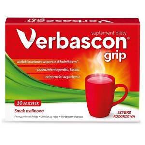Verbascon Grip na Problemy Układu Oddechowego i Dolegliwości Gardła o Smaku Malinowym 10 Saszetek