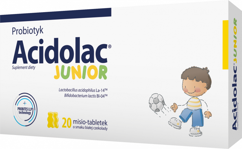 Acidolac Junior o Smaku Białej Czekolady dla Funkcjonowania Układu Odpornościowego 20 Tabletek