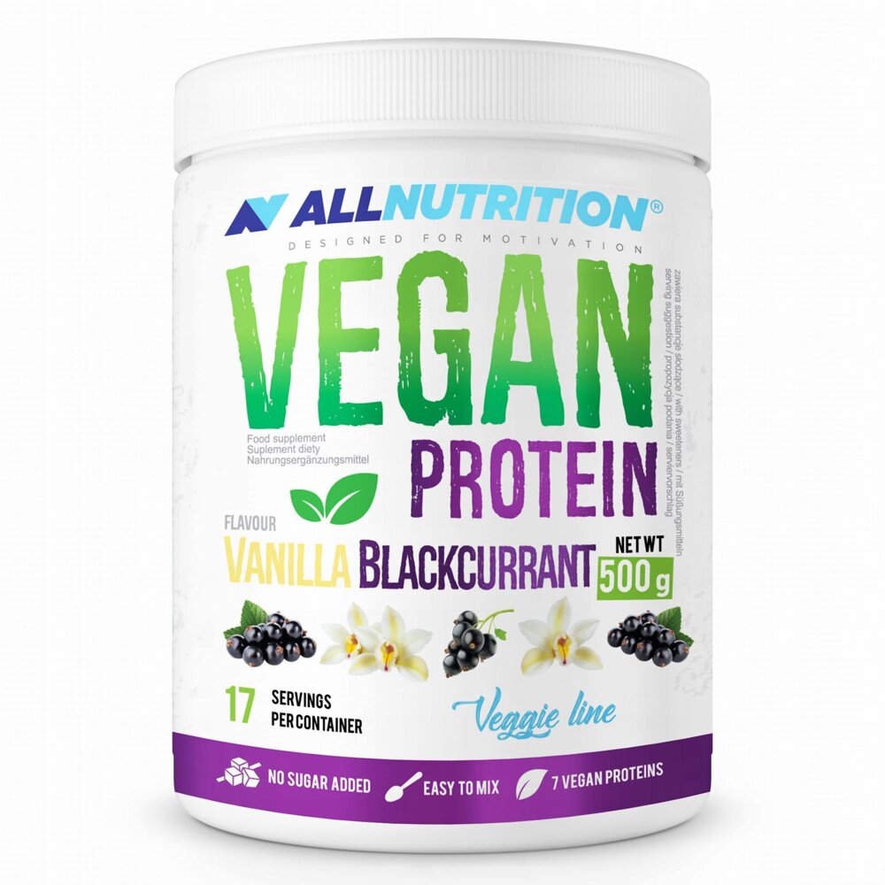 Allnutrition Vegan Protein Odżywka Białkowa z Wanilią i Czarną Porzeczką bez Dodatku Cukru 500g