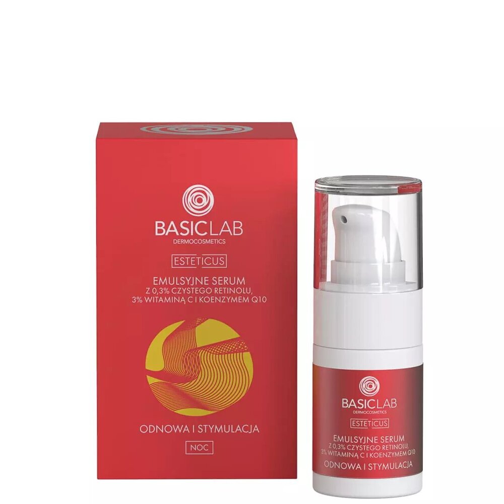 BasicLab Dermocosmetics Emulsyjne Serum z 0,3% Czystego Retinolu 3% Witaminą C i Koenzymem Q10 Odnowa i Stymulacja dla Skóry Problematycznej na Noc 15ml