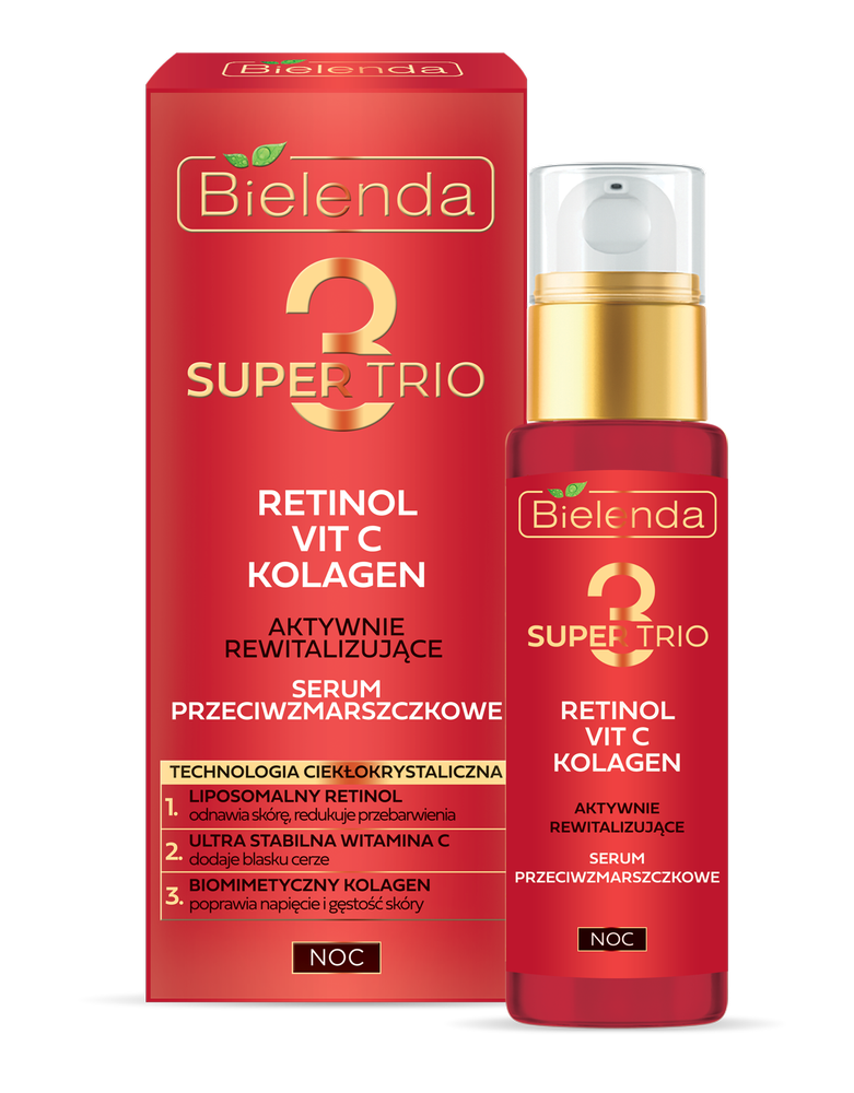 Bielenda Super Trio 3 Retinol Vit.C Kolagen Aktywnie Rewitalizujące Serum Przeciwzmarszczkowe na Noc 30ml