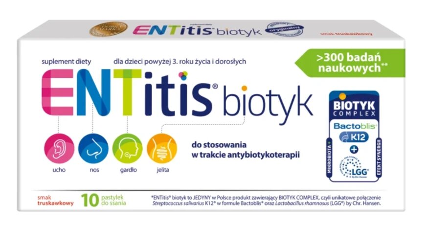 ENTitis Biotyk dla Dzieci powyżej 3. Roku Życia i Dorosłych Smak Truskawkowy 10 Pastylek 