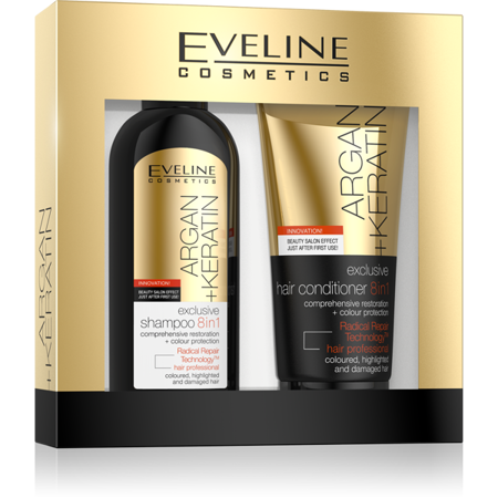 Eveline  Argan Keratin 8w1 Zestaw do Włosów Szampon i Odżywka do Włosów Osłabionych 150x200ml