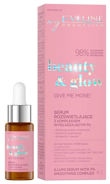 Eveline Beauty & Glow Give Me More! Serum Rozświetlające z Kompleksem Wygładzającym 7% do Każdego Rodzaju Cery 18ml