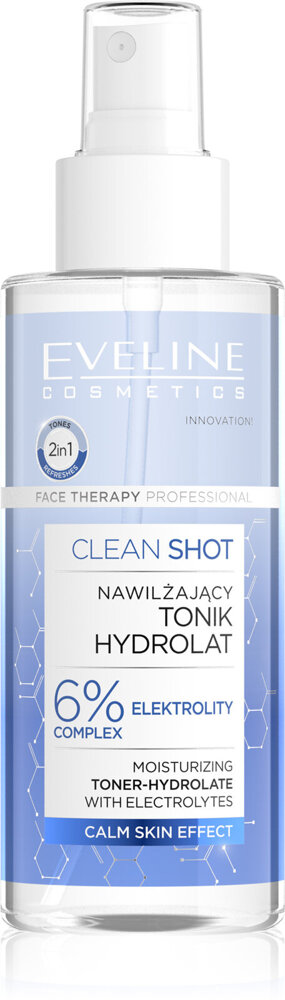 Eveline Clean Shot Nawilżający Tonik-Hydrolat 6% Kompleks Elektrolitów dla Każdego Rodzaju Skóry 150ml