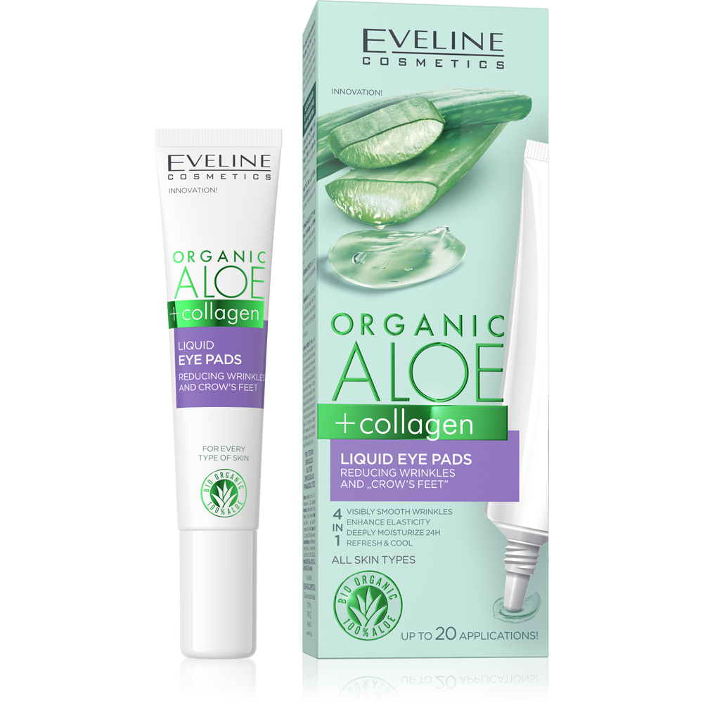 Eveline Organic Aloe + Collagen Płynne Płatki pod Oczy Redukujące Zmarszczki i Kurze Łapki dla Każdego Rodzaju Cery 20ml