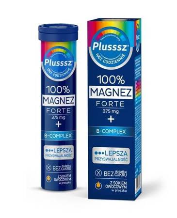 Plusssz 100% Magnez Forte B Complex na Serce i Układ Krążenia Stres i Dobre Samopoczucie Tabletki Musujące o Smaku Pomarańcza i Grejpfrut 20 Sztuk