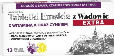 Polski Lek Tabletki Emskie z Wadowic Extra z Witaminą A oraz Cynkiem o Smaku Czarnej Porzeczki 12 Tabletek