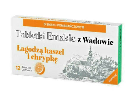 Tabletki Emskie z Wadowic Pastylki do Ssania Łagodzące Kaszel o Smaku Pomarańczowym 12szt