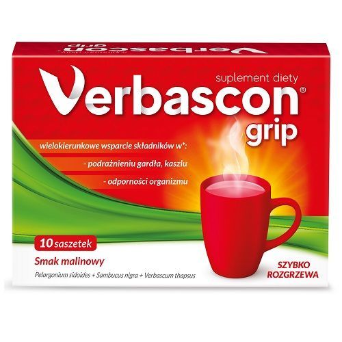 Verbascon Grip na Problemy Układu Oddechowego i Dolegliwości Gardła o Smaku Malinowym 10 Saszetek